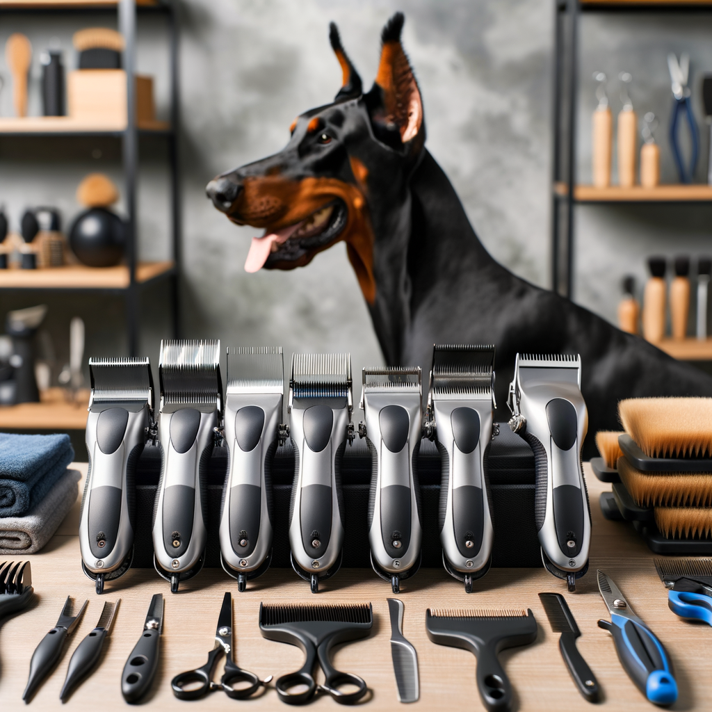 Top 10 high-quality clipper blades for Doberman grooming, essential dog grooming tools, and a well-groomed Doberman demonstrating the effectiveness of these professional grooming products for Doberman hair care.