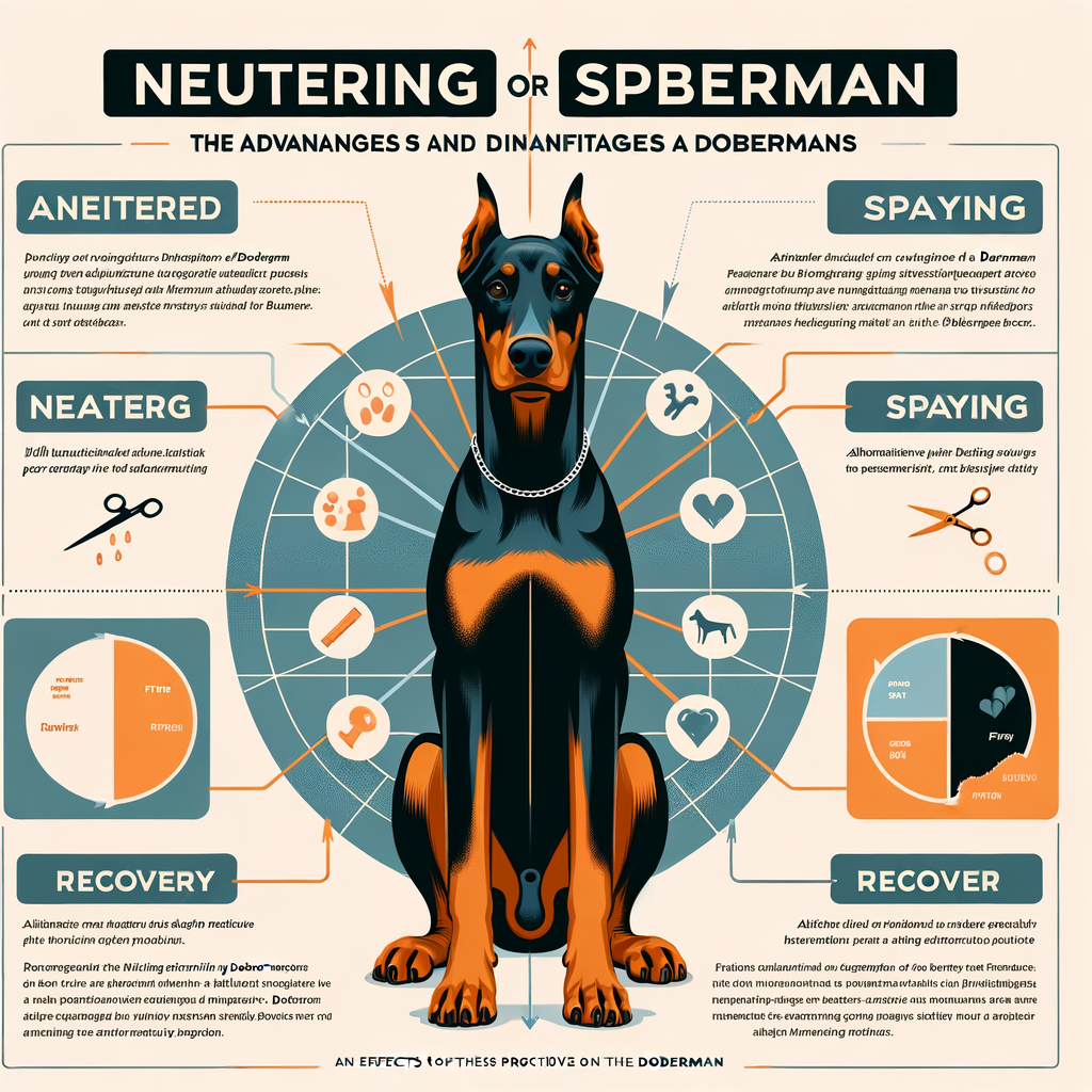 Infographic detailing Doberman neutering pros and cons, benefits and drawbacks of spaying a Doberman, health and behavior changes post-procedure, and comparison of neutering vs non-neutering Dobermans.