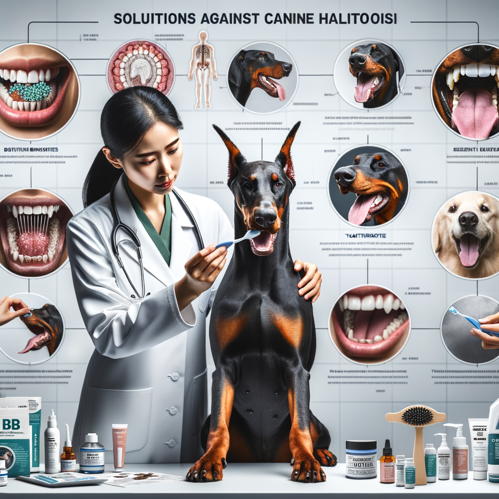 Veterinarian examining Doberman oral health, demonstrating causes of bad breath in dogs and showcasing remedies for Doberman bad breath including dental care products, teeth cleaning guide, and prevention chart.