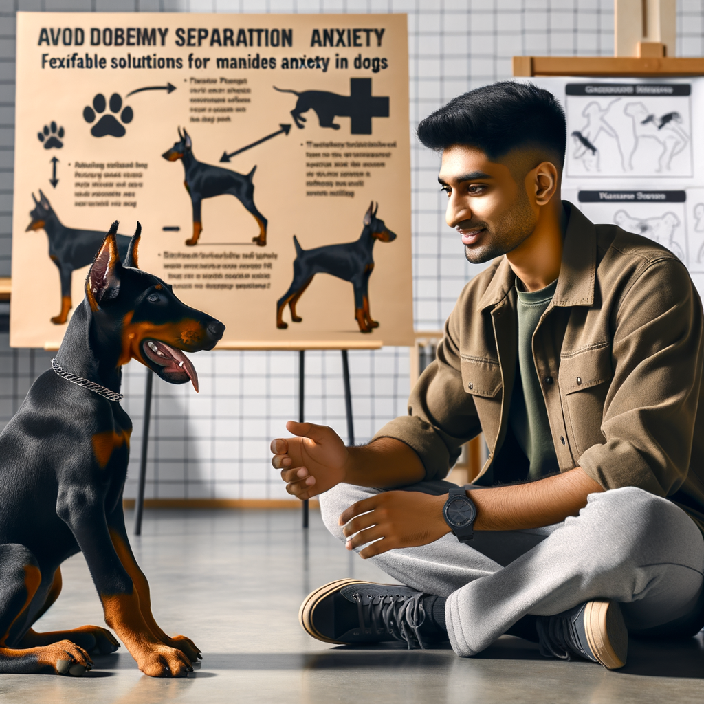 Professional dog trainer demonstrating Doberman puppy training techniques to prevent separation anxiety, providing new Doberman puppy care and anxiety prevention in dogs.