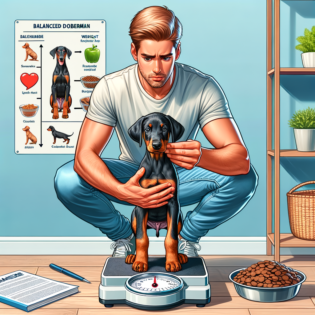Owner checking underweight Doberman puppy's weight on scale, with Doberman puppy diet and nutrition guide in the background for healthy weight gain