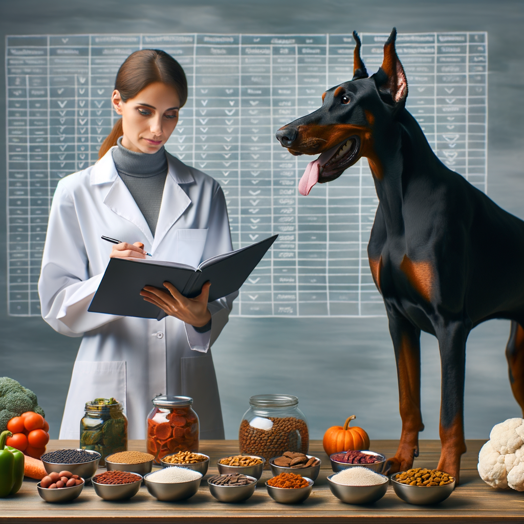 Doberman nutritionist analyzing vegetarian food options for Dobermans, showcasing potential health benefits and dietary needs of a Doberman on a plant-based diet, with a healthy Doberman symbolizing the feasibility of a vegetarian diet for Dobermans.