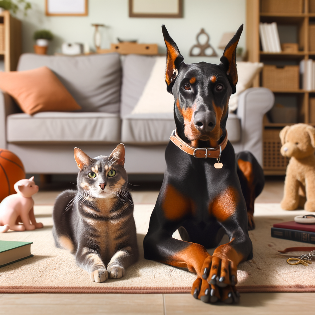 Doberman and cat demonstrating peaceful coexistence and compatibility in a home setting, highlighting the successful training of Dobermans to live harmoniously with cats.