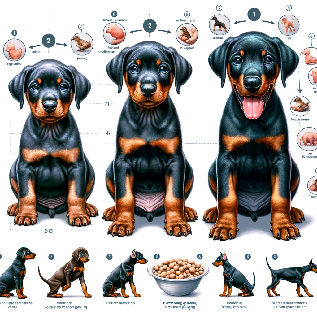 Infographic depicting Doberman puppy growth stages, ideal age for Doberman puppy adoption, and tips on raising, training, and caring for a Doberman puppy.