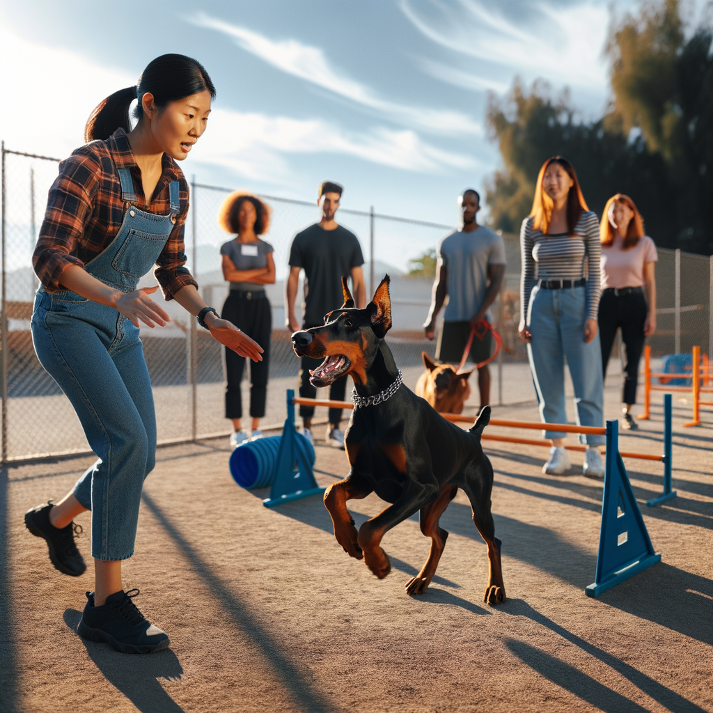 Professional dog trainer mastering recall with obedient Doberman, demonstrating effective recall training for Dobermans and teaching Doberman commands in a controlled environment.