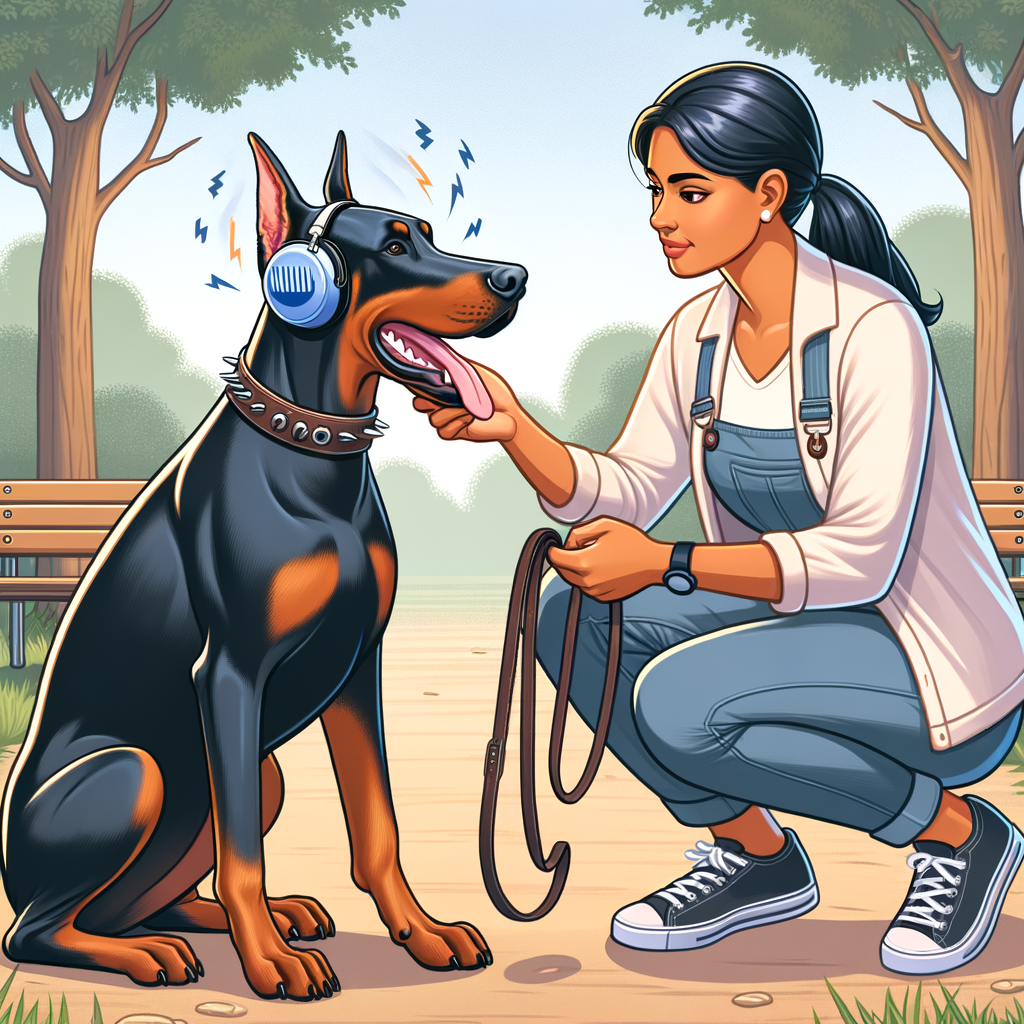 Professional dog trainer using positive reinforcement and headphones to help a Doberman overcome its fear of loud noises, showcasing effective Doberman noise fear treatment and coping mechanisms.