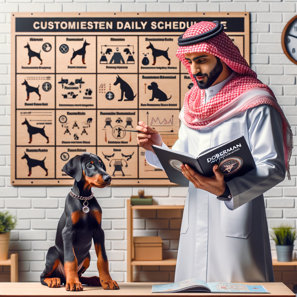 Professional dog trainer teaching Doberman puppy training techniques, establishing puppy routine, demonstrating Doberman puppy care and behavior with a training guide, in a structured environment with a Doberman puppy daily routine schedule on the wall.