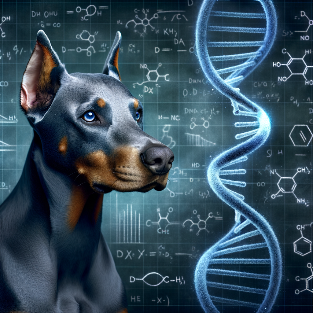 Blue Doberman with thoughtful expression and DNA strand overlay, illustrating the genetic condition known as Blue Doberman Syndrome, with chalkboard of genetic diagrams in the background for understanding Doberman genetics.