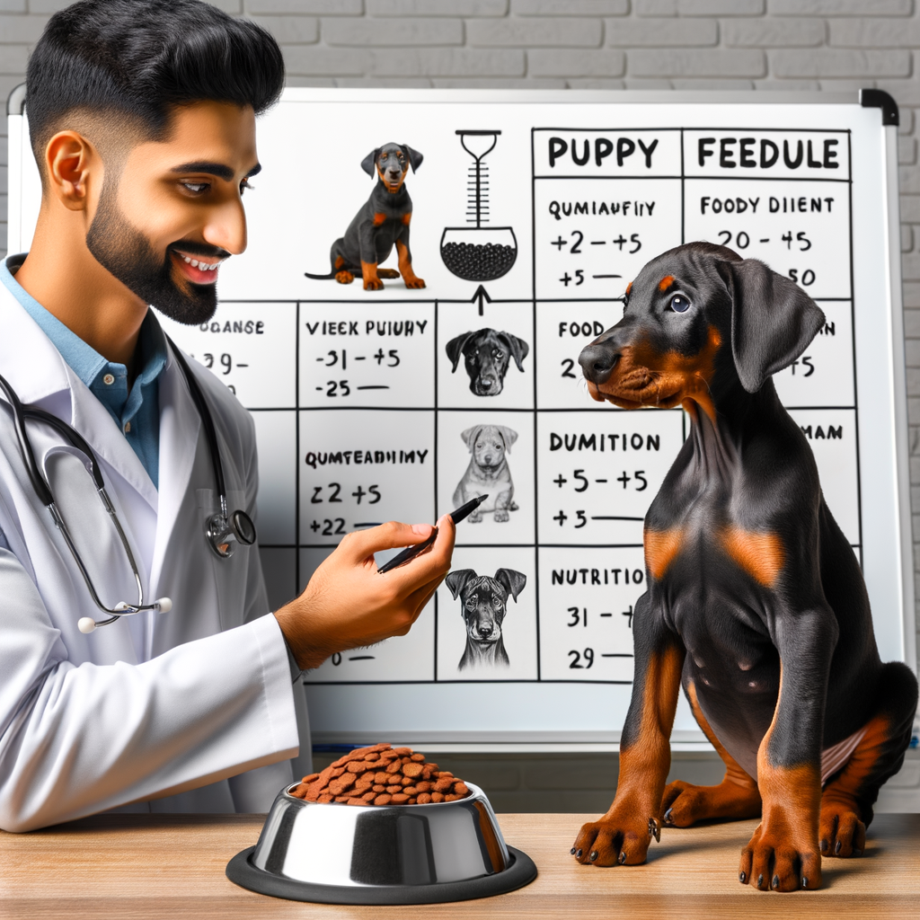Veterinarian explaining Doberman puppy diet and feeding schedule on a whiteboard, with eager puppy and bowl of best food for Doberman puppy in foreground.