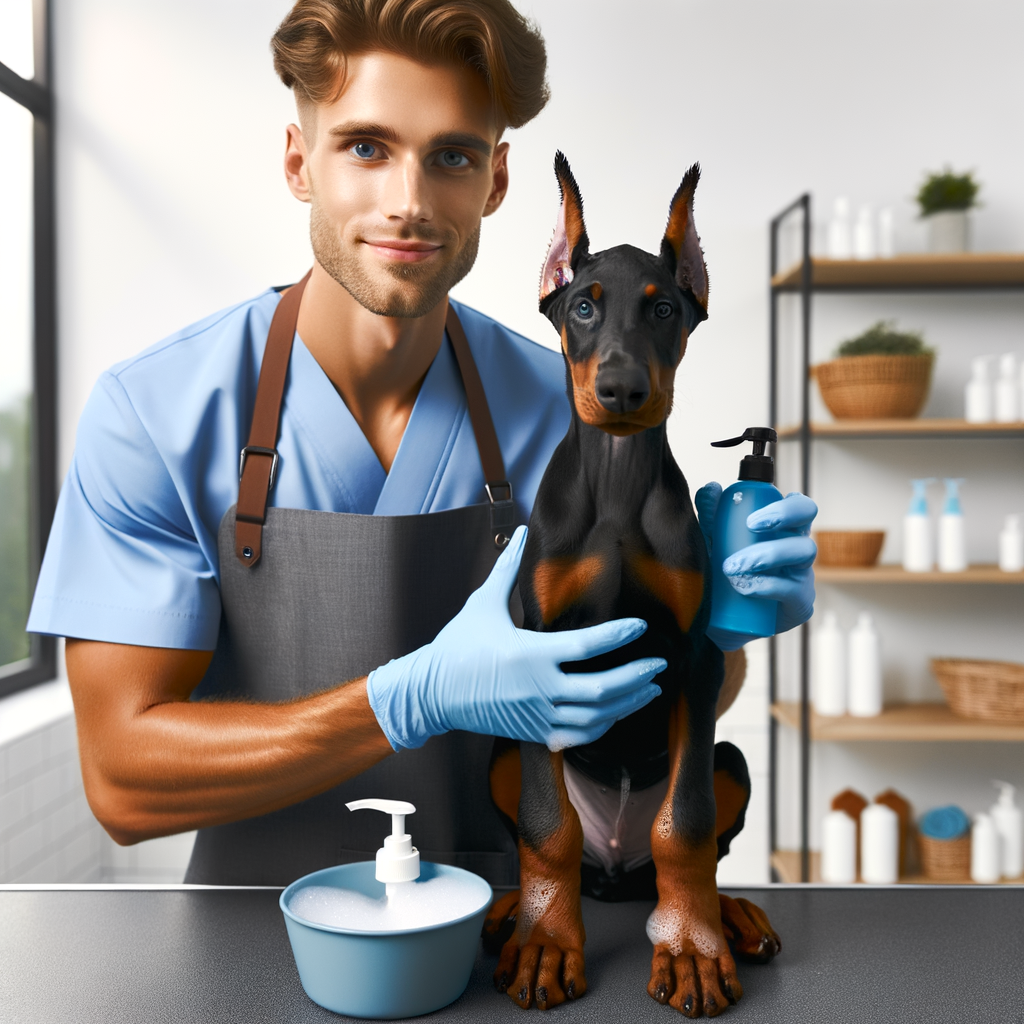 Professional groomer demonstrating Doberman puppy bathing schedule with suitable products, emphasizing Doberman puppy care, hygiene, and skin care for a growing Doberman.