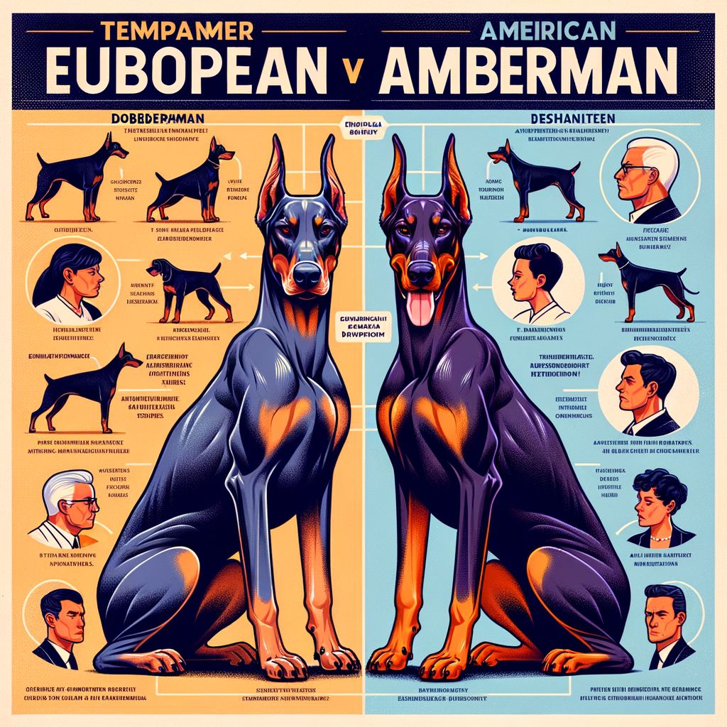 Infographic illustrating the differences in temperament and behavior between European and American Dobermans, highlighting key variations in Doberman breed characteristics.