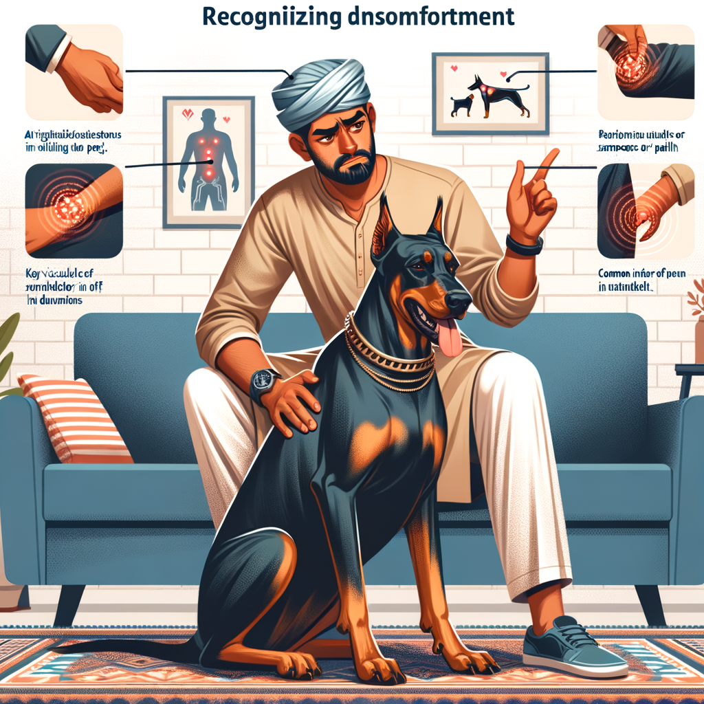 Owner observing Doberman for pain symptoms, emphasizing the importance of recognizing Doberman discomfort and understanding signs of illness in Dobermans for optimal health.