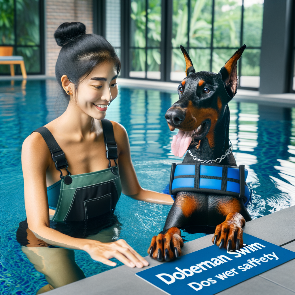 Professional dog trainer demonstrating Doberman swimming abilities and water safety during a swim training session, providing essential Doberman swimming tips and lessons to overcome Doberman water fear.