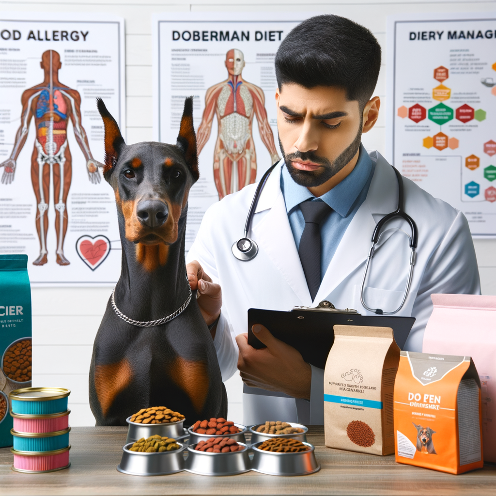 Veterinarian examining Doberman for food allergies, with charts on Doberman dietary management and table showcasing best diet for Doberman with allergies.