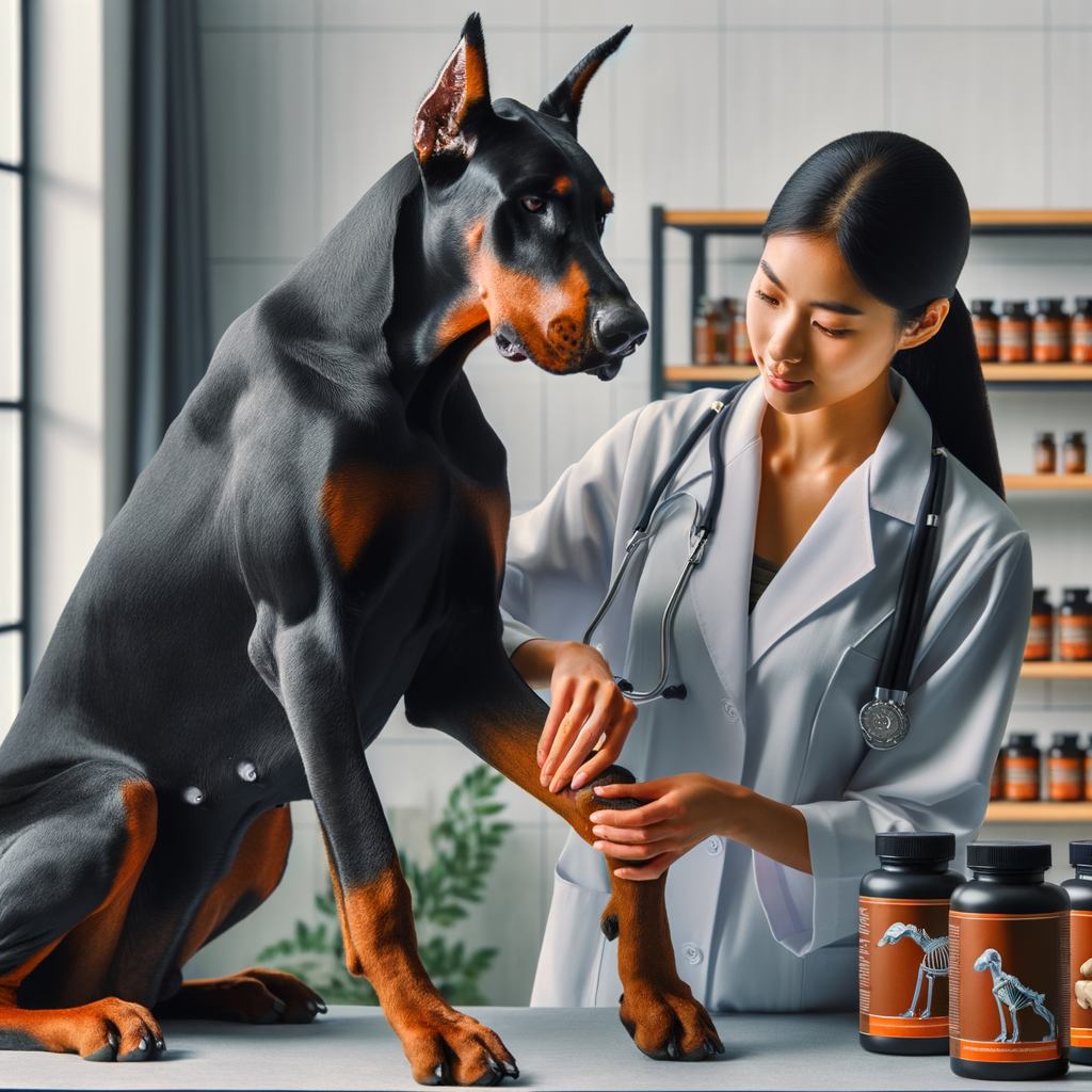 Veterinarian checking Doberman's joints for potential health issues like arthritis and hip dysplasia, emphasizing on Doberman joint health and prevention of Doberman joint problems with joint supplements.