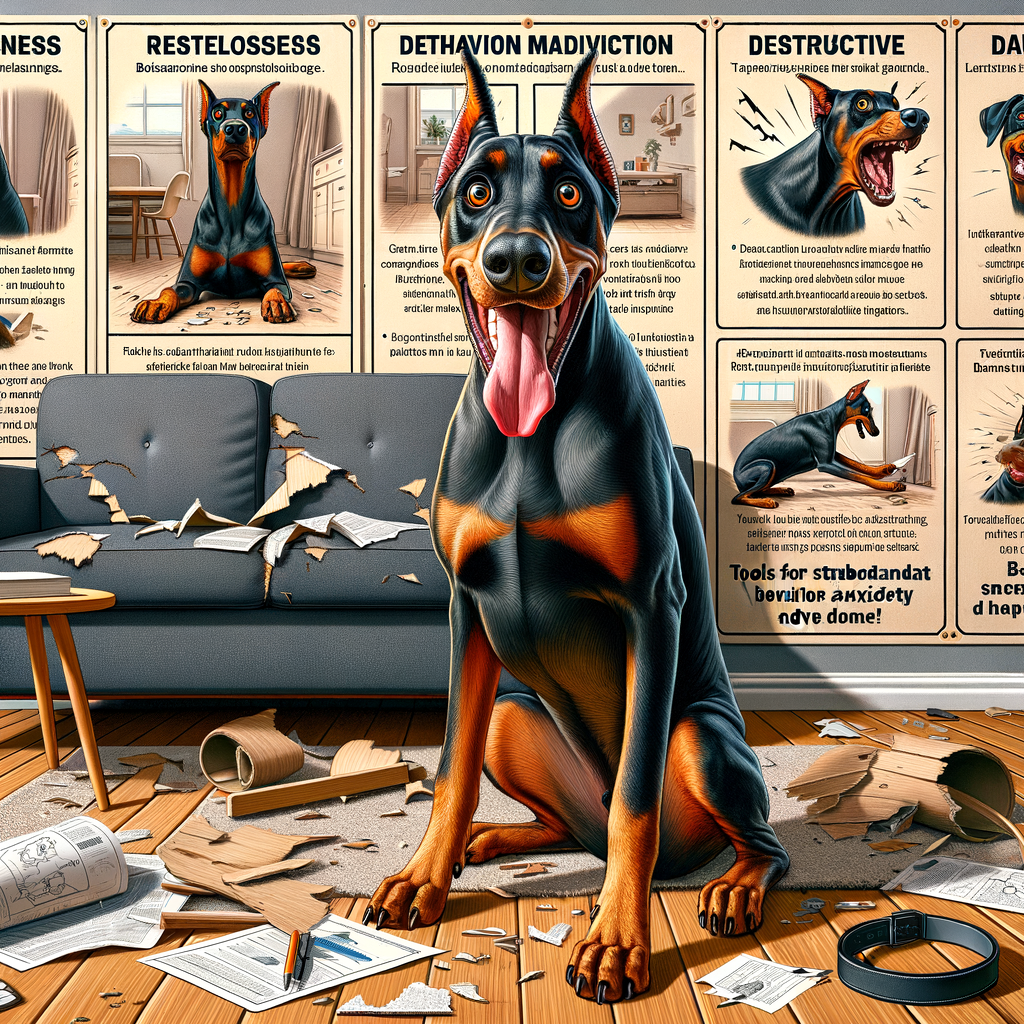 Doberman showing separation anxiety symptoms in a home environment, with visual guides on Doberman anxiety prevention and training tips for better understanding of Doberman behavior and mental health.