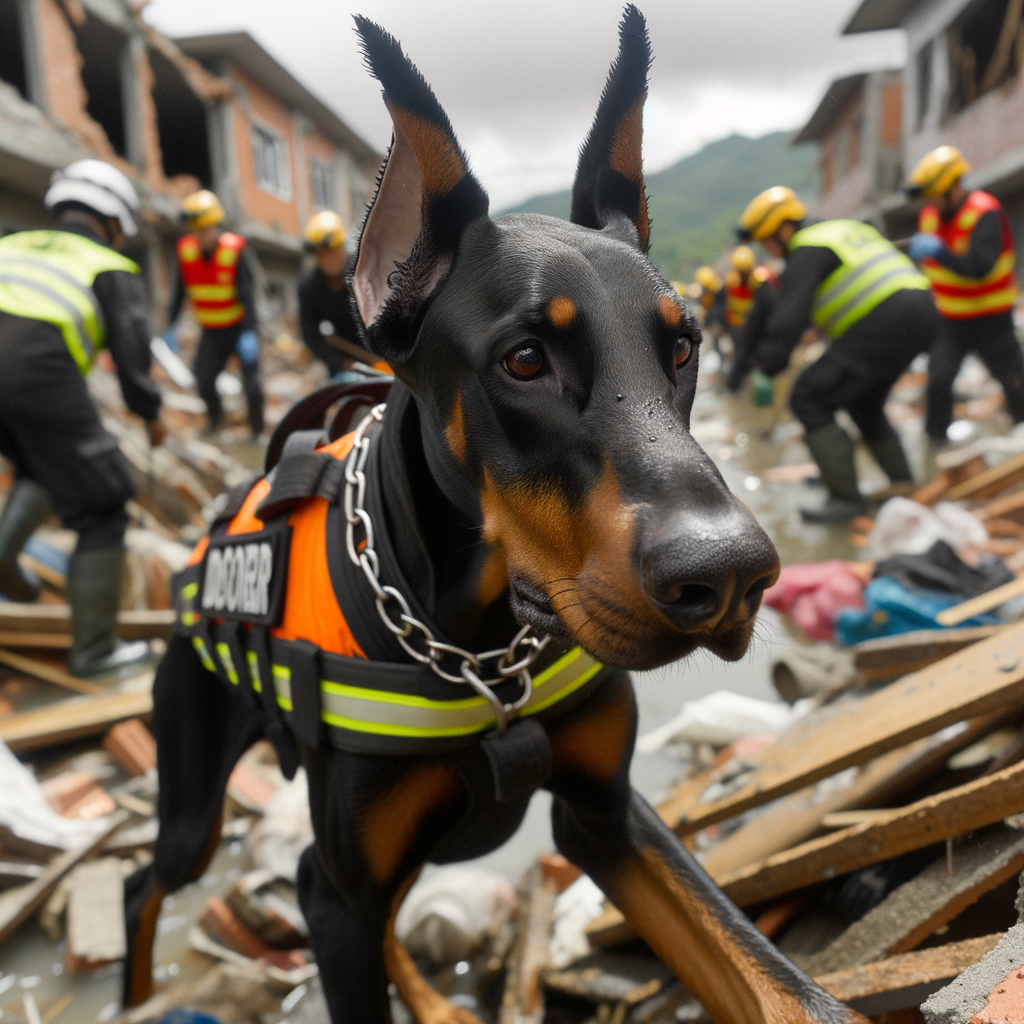 Focused Doberman Search and Rescue dog, a true Doberman Disaster Hero, working diligently in disaster relief, showcasing the vital role of Doberman Rescue Dogs in emergencies.