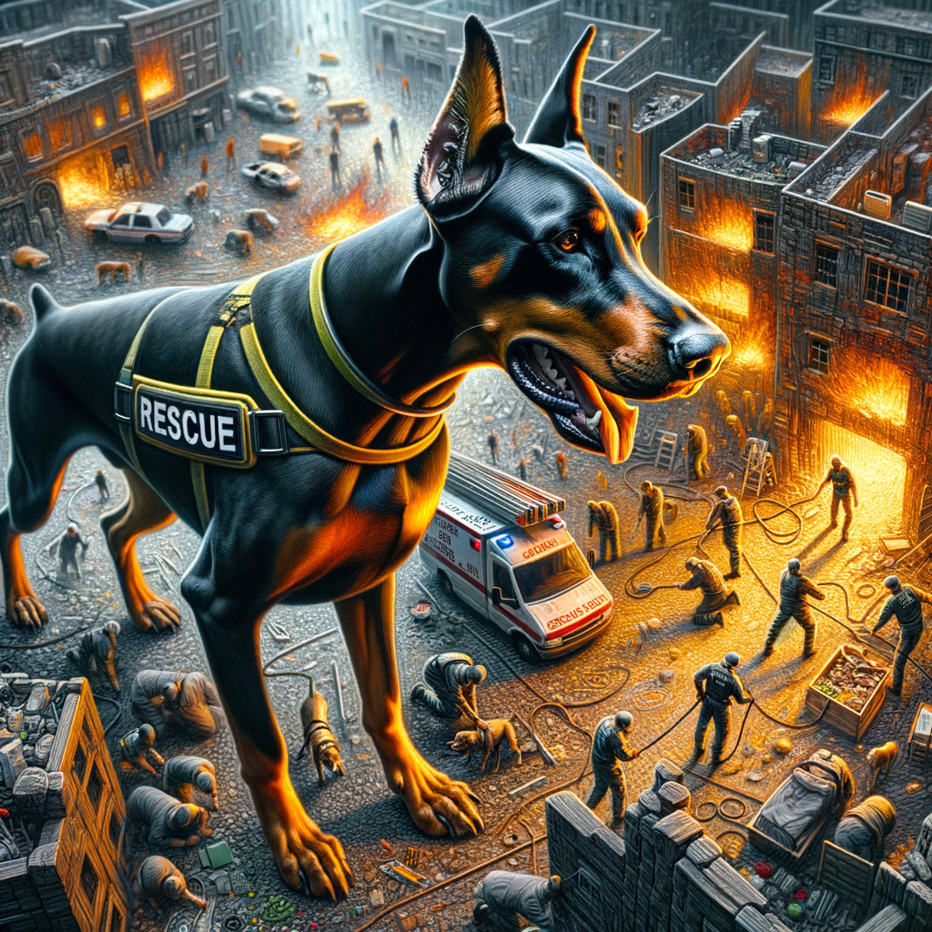 Doberman Rescue Dog demonstrating exceptional search and rescue skills during a challenging rescue mission, highlighting the crucial role of Dobermans in emergency services.