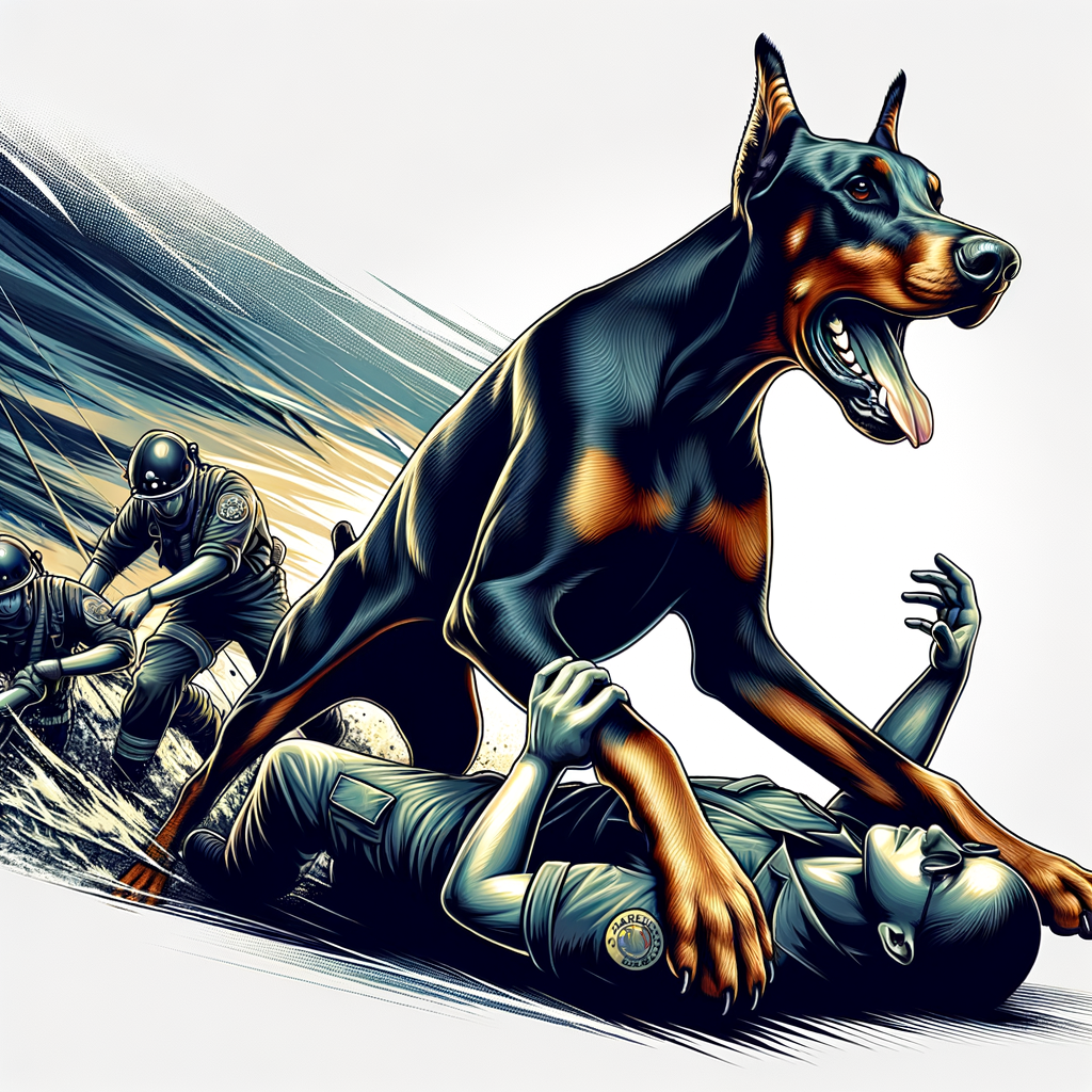 Heroic Doberman in action during a search and rescue mission, illustrating the vital role of Dobermans in emergency services and showcasing breed characteristics.