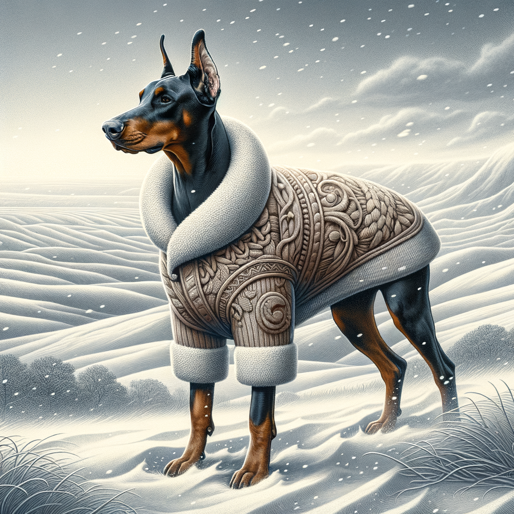 Doberman in winter coat showcasing Doberman winter care and cold weather sensitivity, providing practical Doberman winter tips for effective cold weather dog care and demonstrating Doberman's cold tolerance with winter protection clothing.