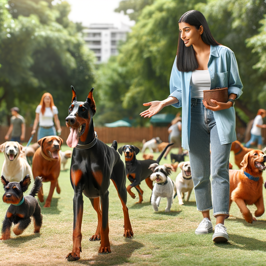 Professional dog trainer demonstrating Doberman socialization tips, showcasing positive Doberman behavior and compatibility with other dogs at a park, emphasizing the importance of training Dobermans to improve their social skills.