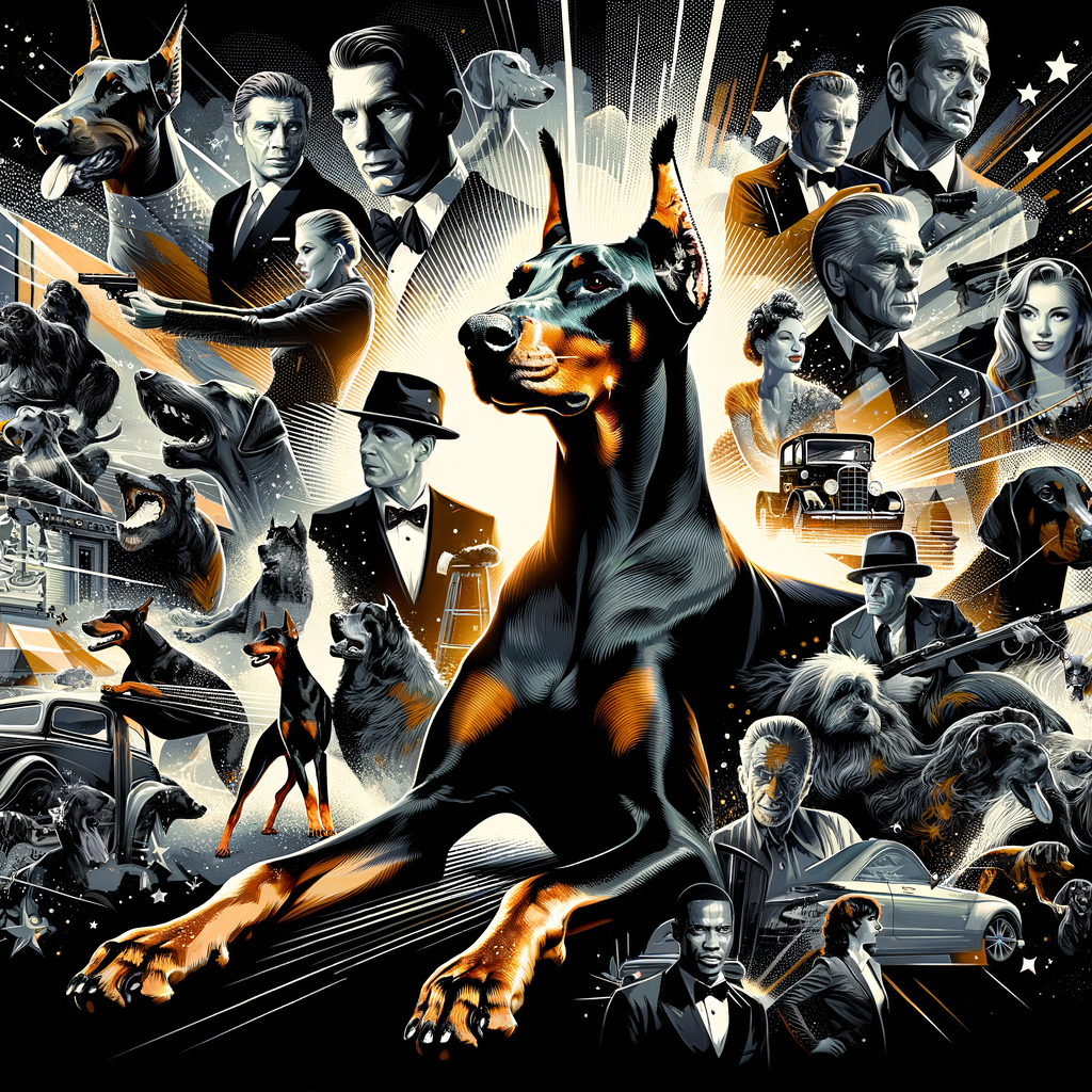 Collage of famous Doberman actors in iconic movie and TV show roles, highlighting the significant contribution of the Doberman breed in the entertainment industry.