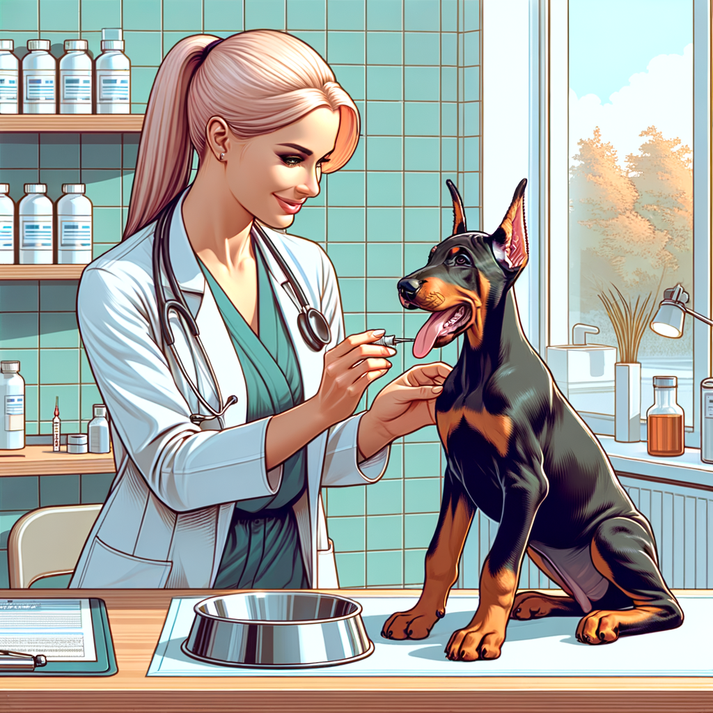 Veterinarian performing a check-up on a Doberman puppy, highlighting the importance of early vet visits and regular puppy vet check-ups for optimal Doberman puppy health and care.