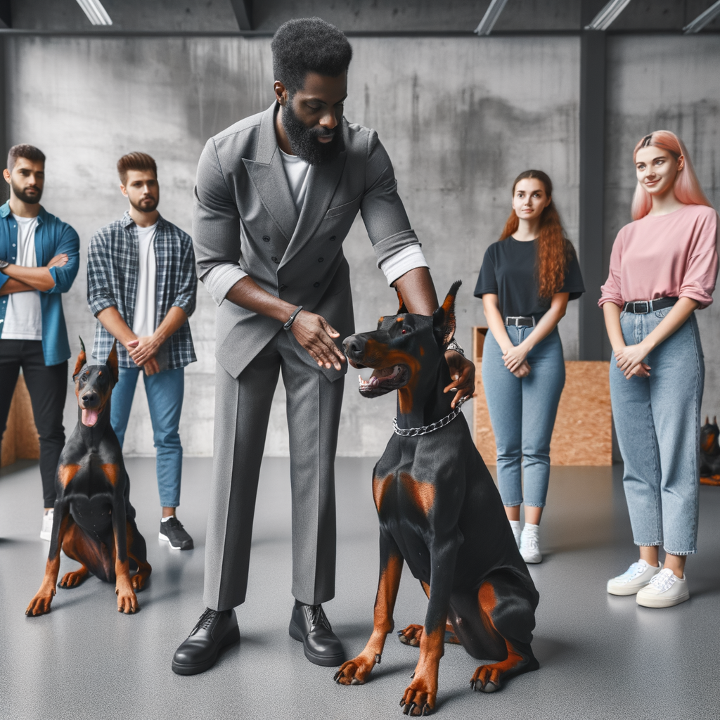 Doberman trainer teaching anxiety prevention techniques to Doberman owners, focusing on separation anxiety solutions and behavior management in a well-equipped facility.