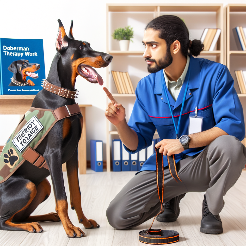 Professional dog trainer conducting Doberman therapy training session using positive reinforcement techniques, with guidebook 'Doberman Therapy Work Guide' in the background.