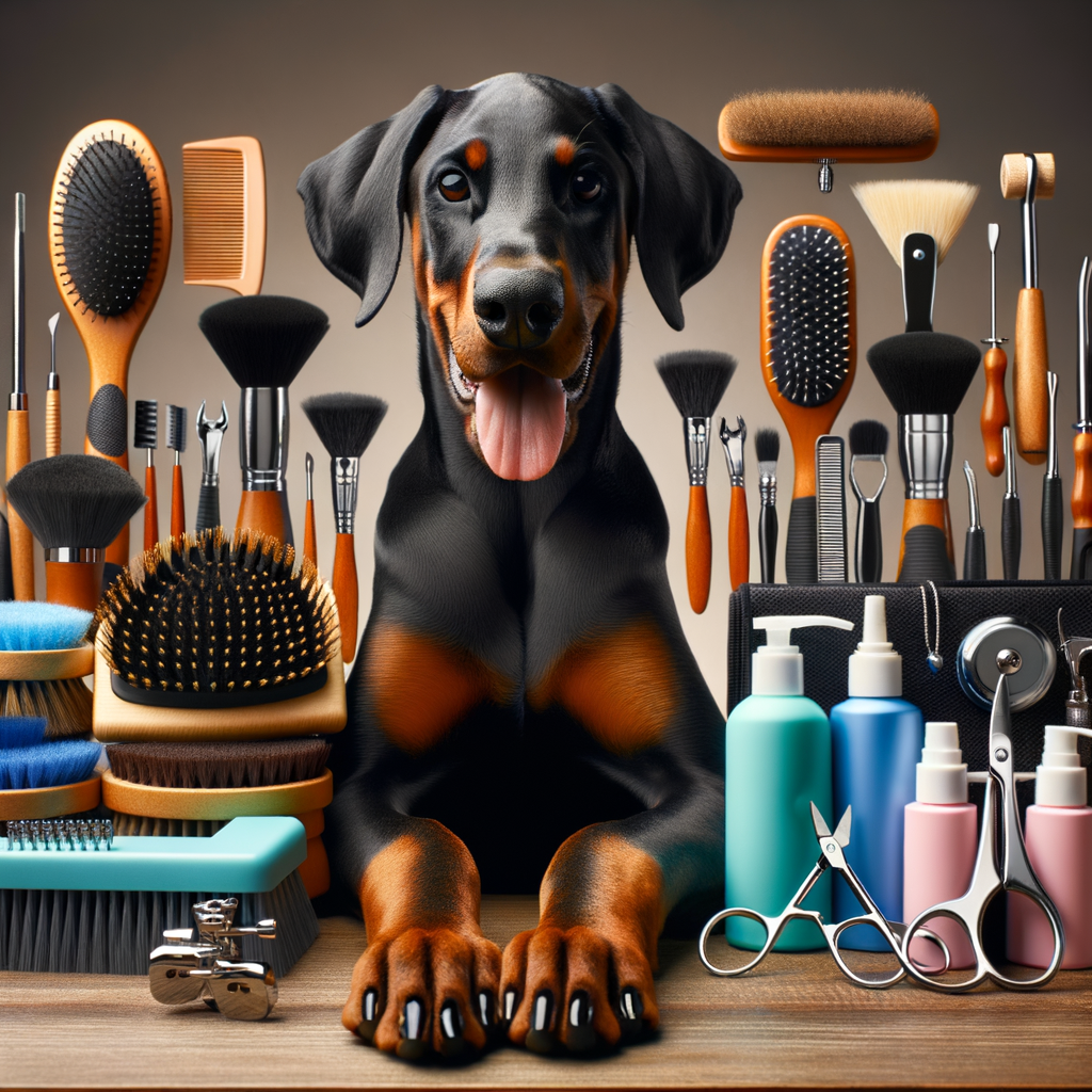 Doberman puppy grooming essentials including hair care brushes, nail clippers, and skincare products, illustrating professional Doberman puppy care and grooming tips.