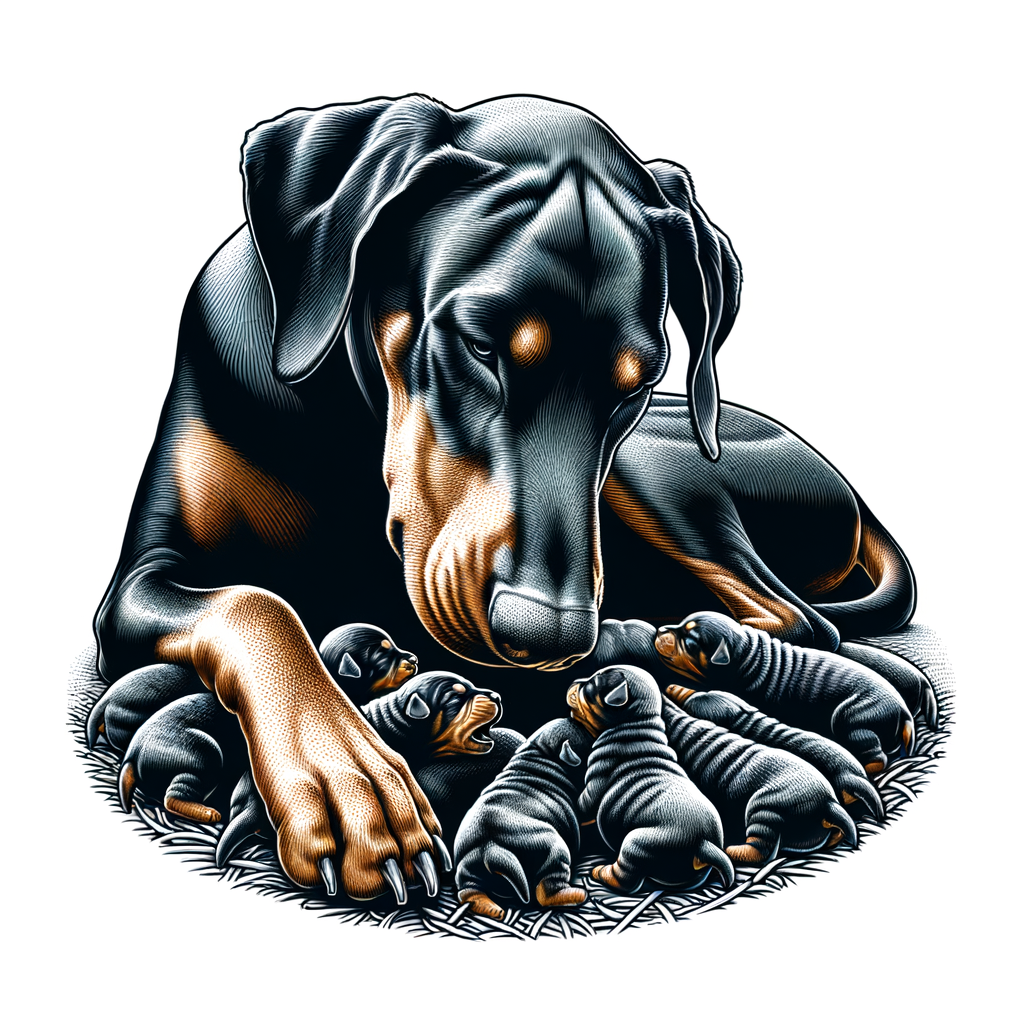 Doberman mother attentively caring for her newborn puppies, illustrating Doberman breeding, pregnancy, and puppy birth, highlighting the average Doberman litter size and puppy count.