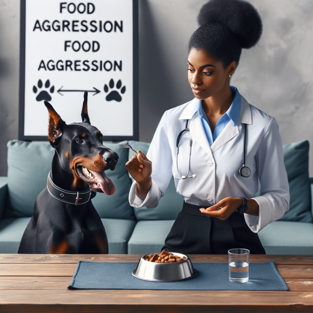 Professional dog trainer successfully using food aggression strategies to prevent Doberman food aggression, illustrating Doberman behavior issues solutions and effective Doberman training tips.