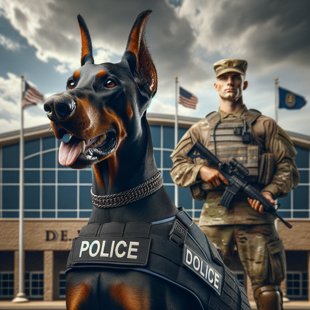 Doberman service dog in military vest standing alert at a military base, showcasing the Doberman breed's legacy in military and law enforcement service.