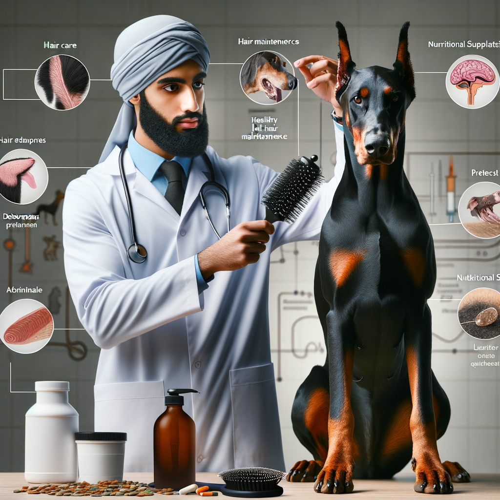 Veterinarian demonstrating Doberman hair care techniques and Doberman hair loss prevention methods, with a healthy Doberman, brush, and supplements for maintaining a healthy Doberman coat.
