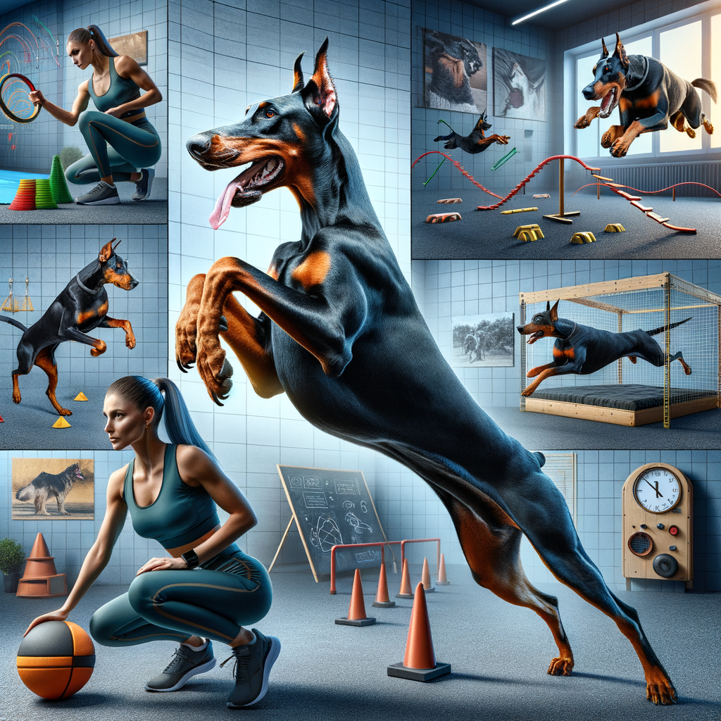 Professional trainer demonstrating indoor Doberman exercises and workout routines to keep your pup active in limited spaces, emphasizing the importance of indoor fitness for Dobermans.