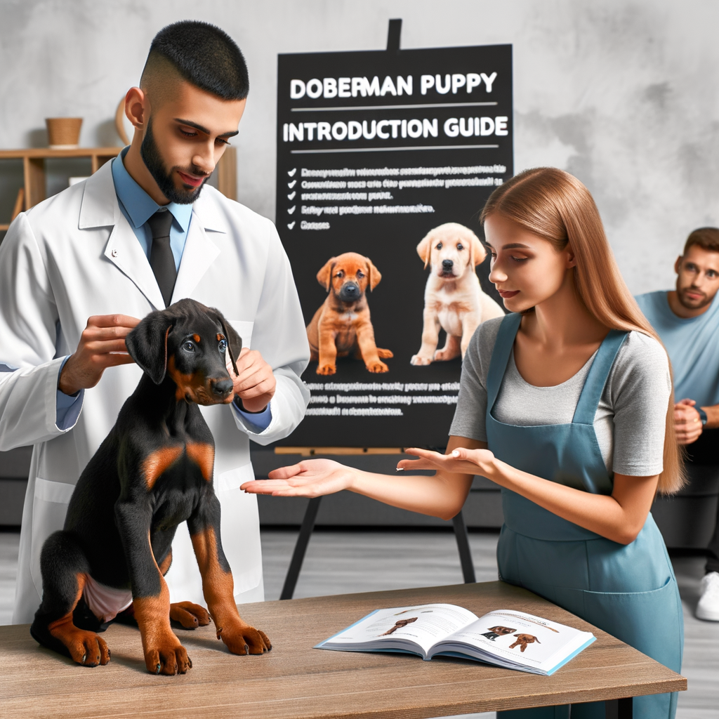 Professional dog trainer demonstrating Doberman puppy socialization and safe introduction to other pets, with a 'Doberman Puppy Introduction Guide' book on table, highlighting training, precautions, and interaction behaviors of Doberman puppies.