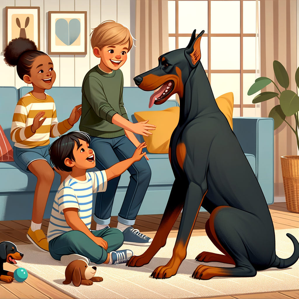 Doberman as a family pet, showcasing its gentle temperament while playing with kids, demonstrating Doberman suitability for families and the importance of Doberman training and behavior management.