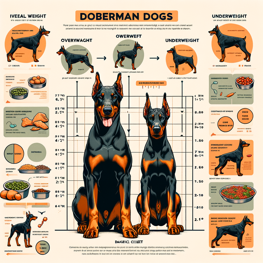 Doberman weight chart illustrating ideal weight stages, signs of unhealthy weight in Dobermans, overweight and underweight symptoms, and a Doberman diet plan for weight management.