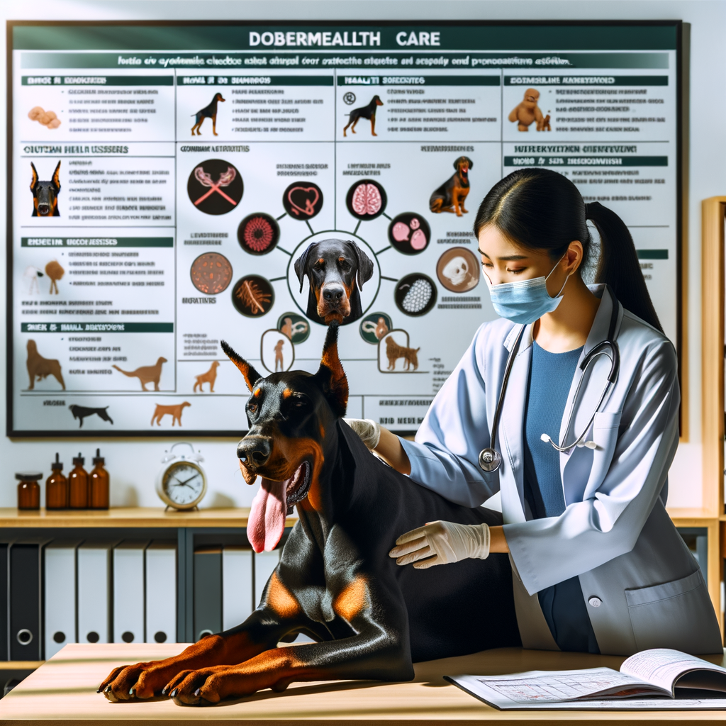 Veterinarian conducting a regular check-up on a Doberman, with a chart highlighting common Doberman health problems and prevention measures, demonstrating the importance of Doberman health care for disease prevention.