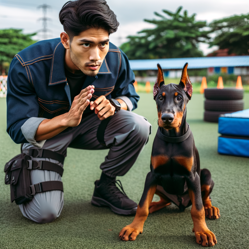 Professional dog trainer demonstrating Doberman training techniques for protection sports, showcasing a focused Doberman puppy in the early stages of protection training.