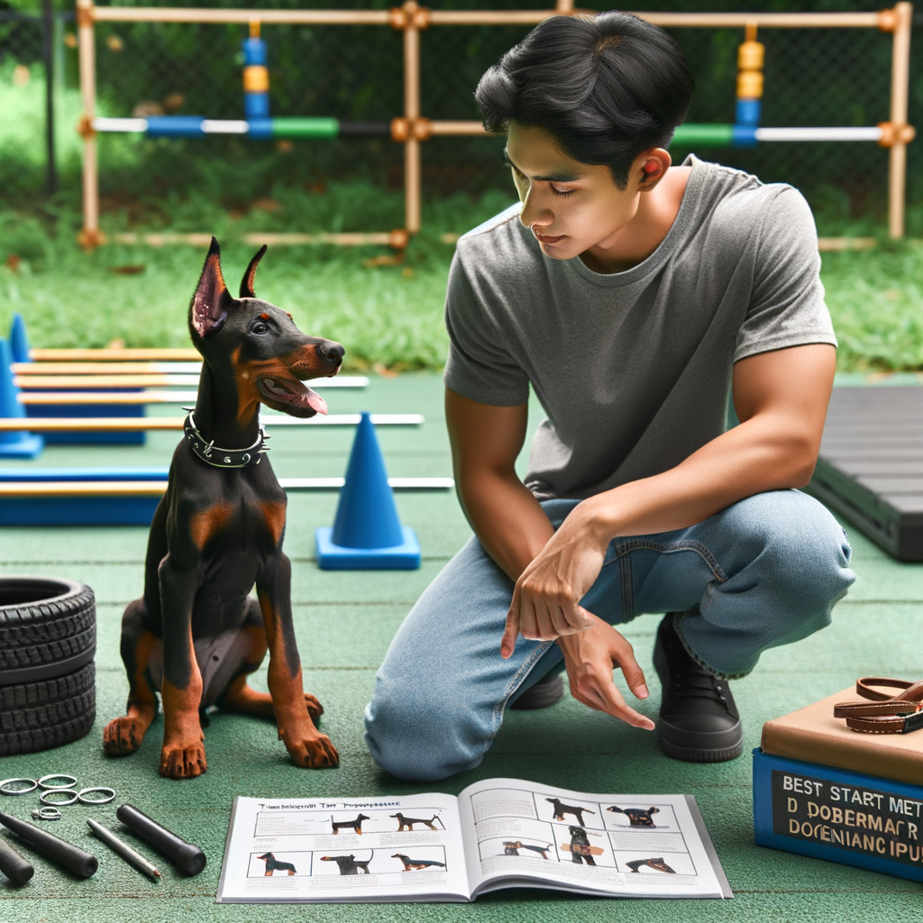Professional dog trainer using effective Doberman training techniques on a focused puppy in a well-equipped ground, with a visible Doberman training guide book for starting Doberman obedience training.