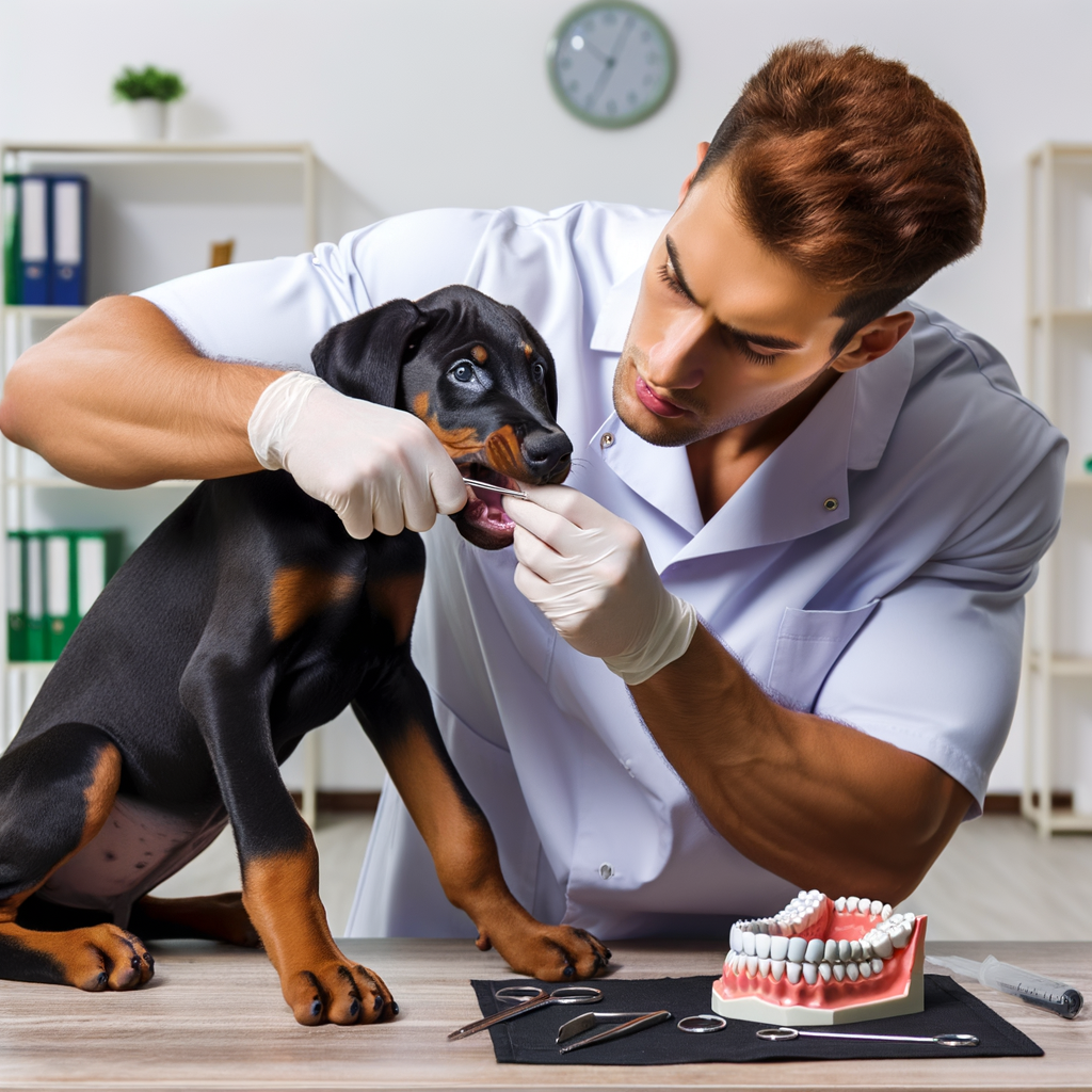 Professional trainer demonstrating Doberman puppy teething solutions and chewing remedies, providing practical guide for managing Doberman puppy teething stages and chewing behaviors.