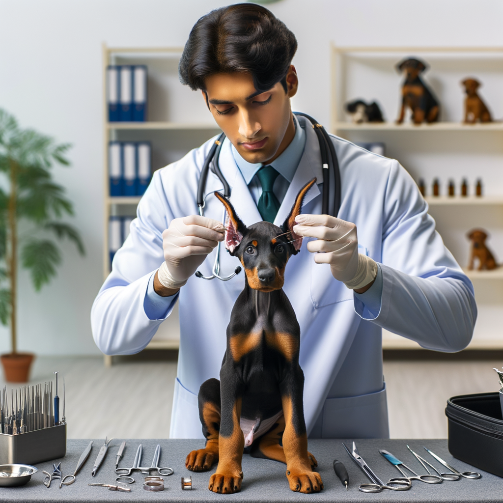 Veterinarian demonstrating Doberman ear posting on a puppy, showcasing tools for Doberman ear taping, cropping, and care, emphasizing the importance of Doberman ear health and development.