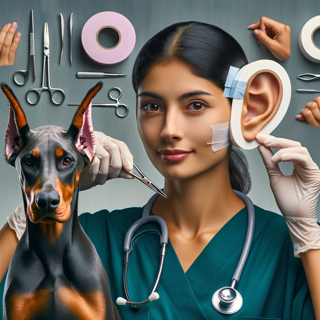 Veterinarian demonstrating Doberman ear taping techniques with medical tape and foam, showcasing tools for Doberman ear care and ear cropping for perfectly standing Doberman ears.