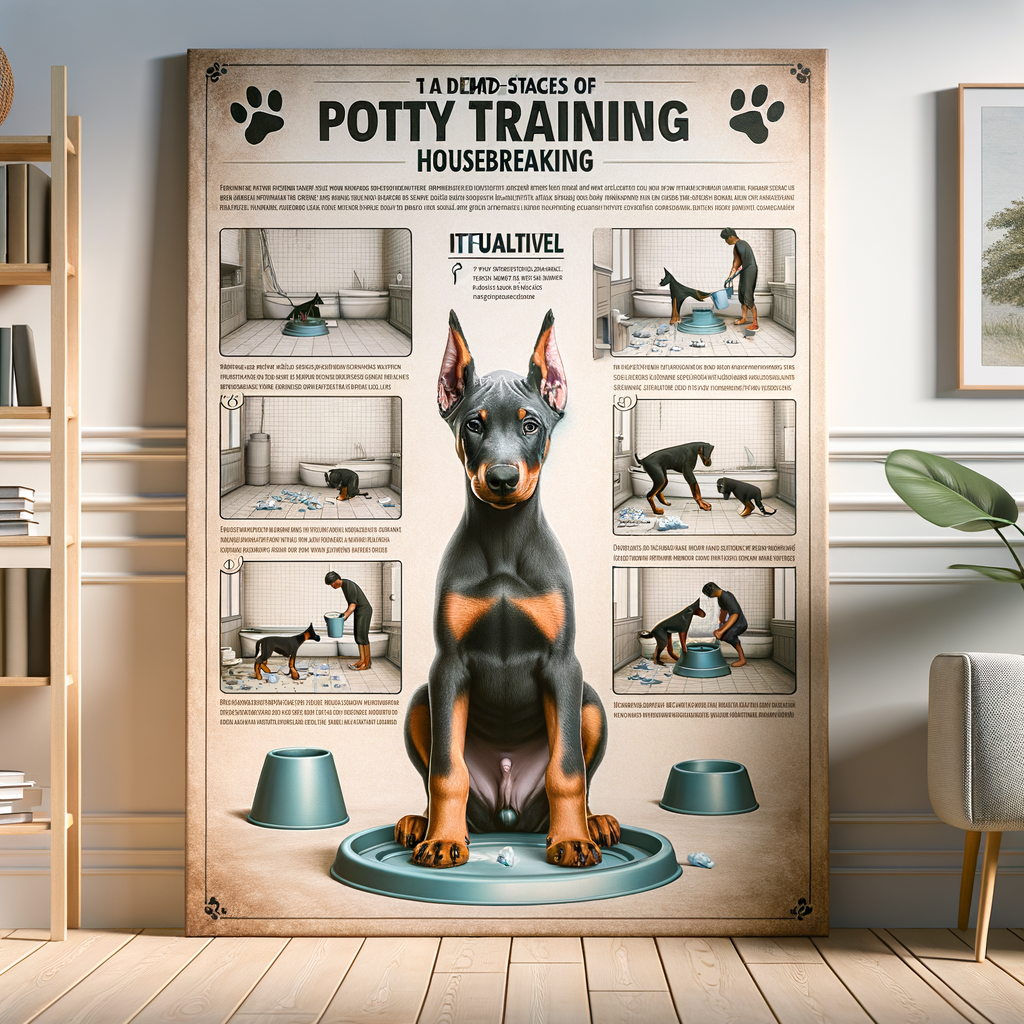 Doberman puppy during potty training session with step-by-step guide, showcasing effective housebreaking and toilet training techniques, Doberman puppy training tips, and a visible potty training schedule.