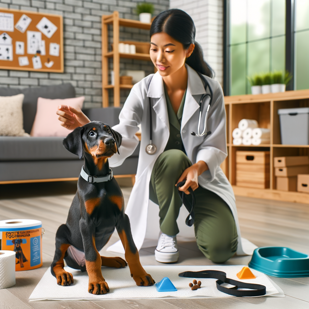 Professional dog trainer demonstrating best way to housetrain a Doberman puppy with essential potty training tools, providing Doberman puppy training tips and guide in a clean home setting.