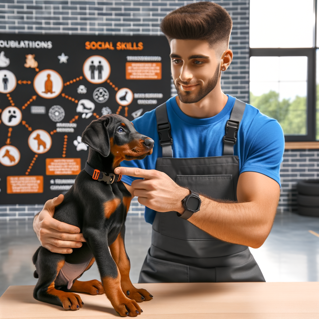 Professional dog trainer demonstrating Doberman Puppy Socialization and Training techniques, emphasizing on Doberman Puppy Behavior, Care, Development, and Social Skills necessary for Raising a Doberman Puppy.