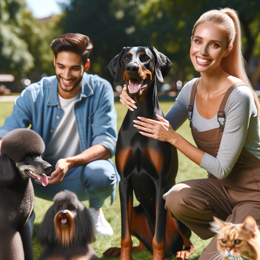 Professional dog trainer providing Doberman socialization tips in a park, demonstrating harmonious pet interactions and positive Doberman behavior with other pets