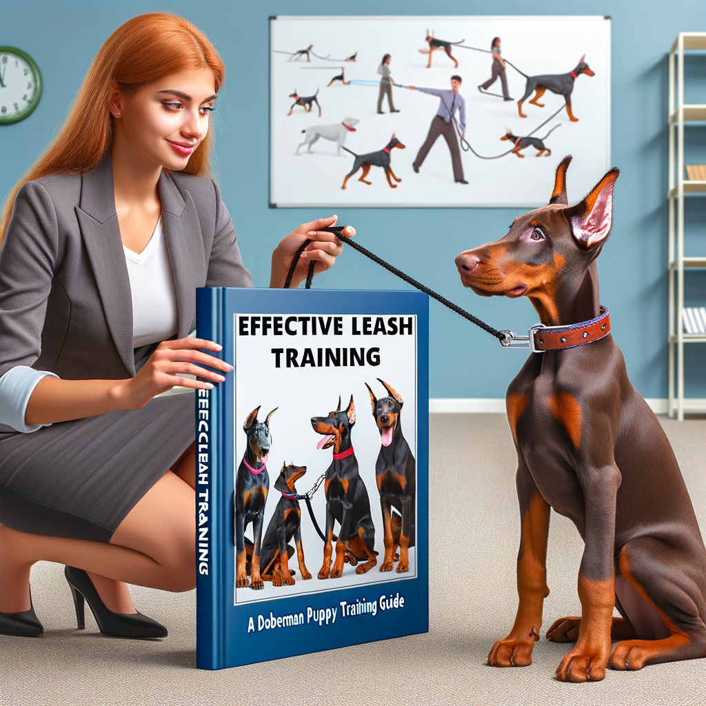 Professional dog trainer demonstrating best leash training methods to a focused Doberman puppy with 'Effective Leash Training: A Doberman Puppy Training Guide' book, showcasing optimal puppy training approaches and techniques.