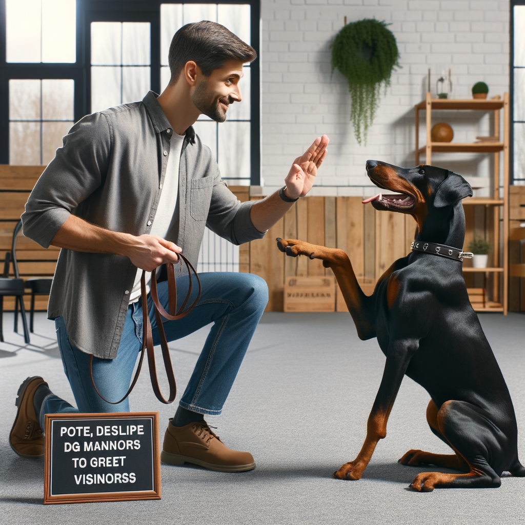 Professional dog trainer demonstrating Doberman training for polite behavior modification, teaching Doberman manners for greeting visitors, showcasing successful Doberman socialization and obedience training.